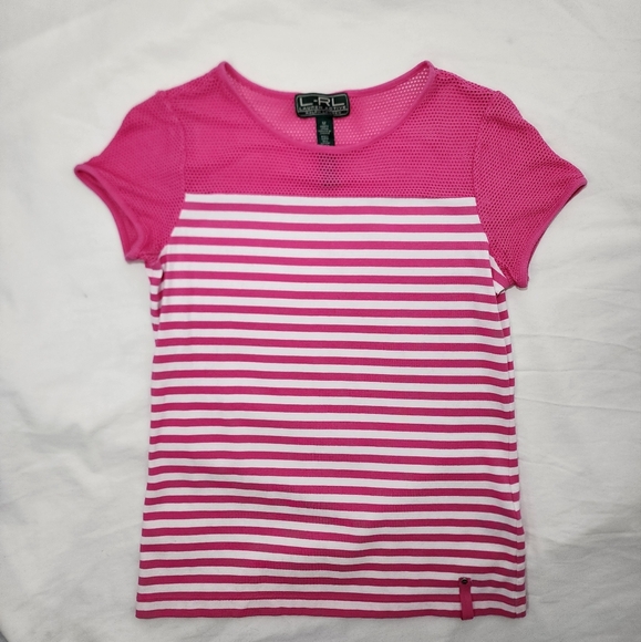 L-RL Lauren Active, Ralph Lauren Pink Fishnet Tshirt With Stripes - Picture 5 of 7